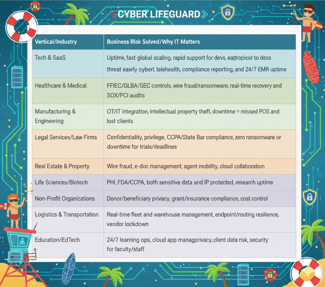 Cyber Lifeguard industries: Tech & SaaS; Healthcare & Medical; Manufacturing & Engineering; Legal; Real Estate; Biotech; Non-Profit; Logistics; Education risk & IT needs